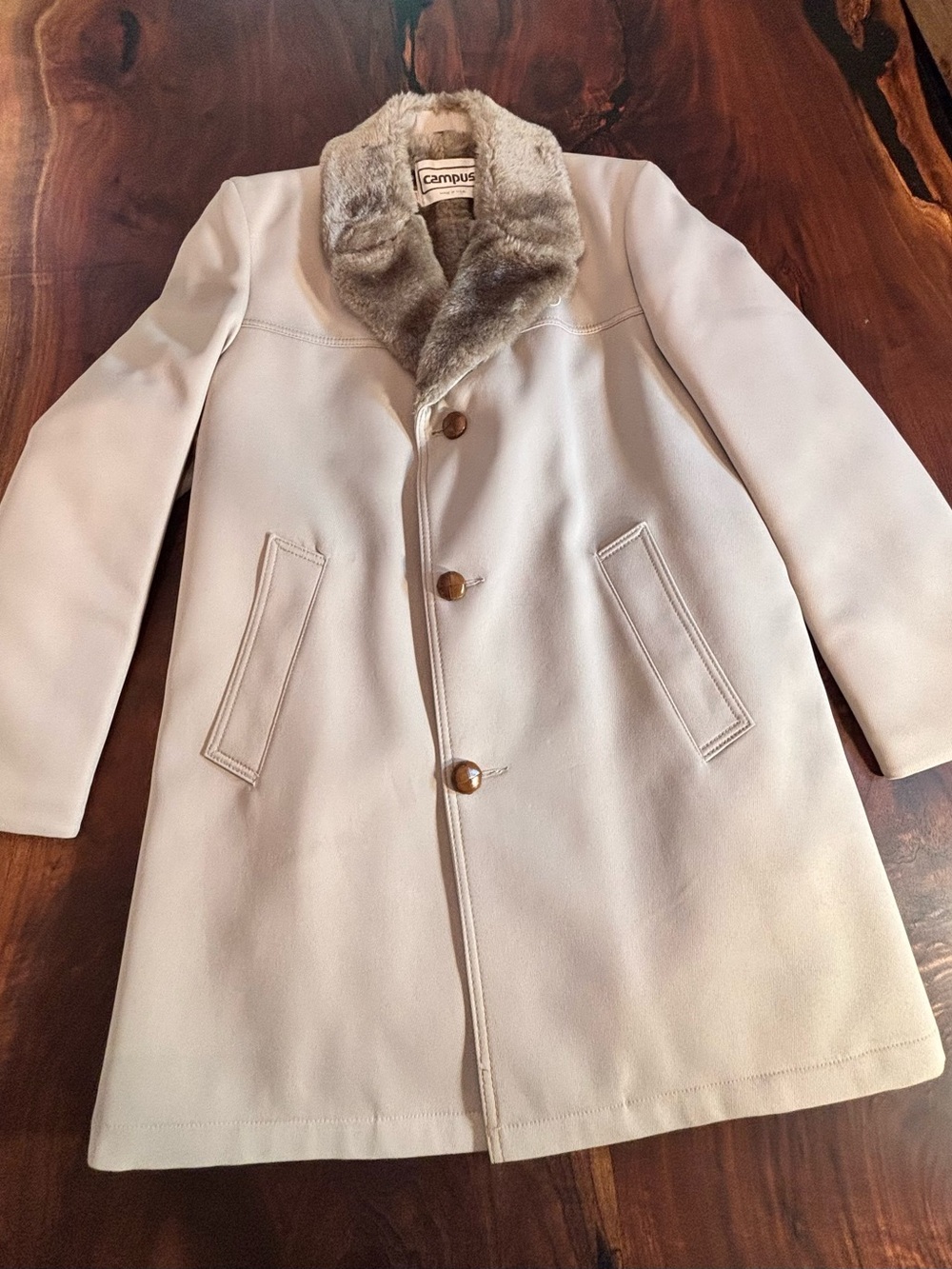 Vintage 70s Campus Faux Fur Lined Tan Coat Pea Coat Made in USA Size 38